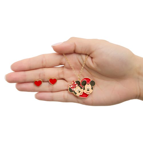 Disney Mickey & Minnie Heart Necklace And Stud Earrings Set In Gold