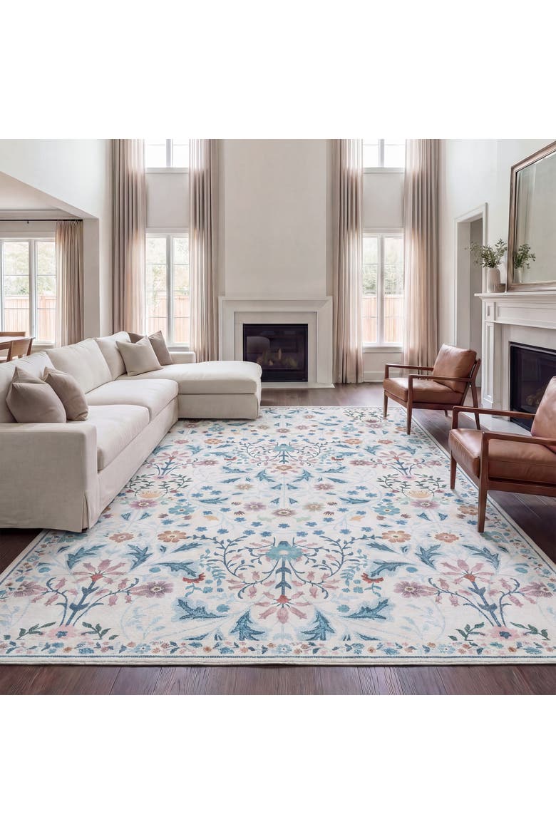 Primrose Art Nouveau Floral Border Non-Slip Machine-Washable Area Rug, Alternate, color, Cream/Turquoise