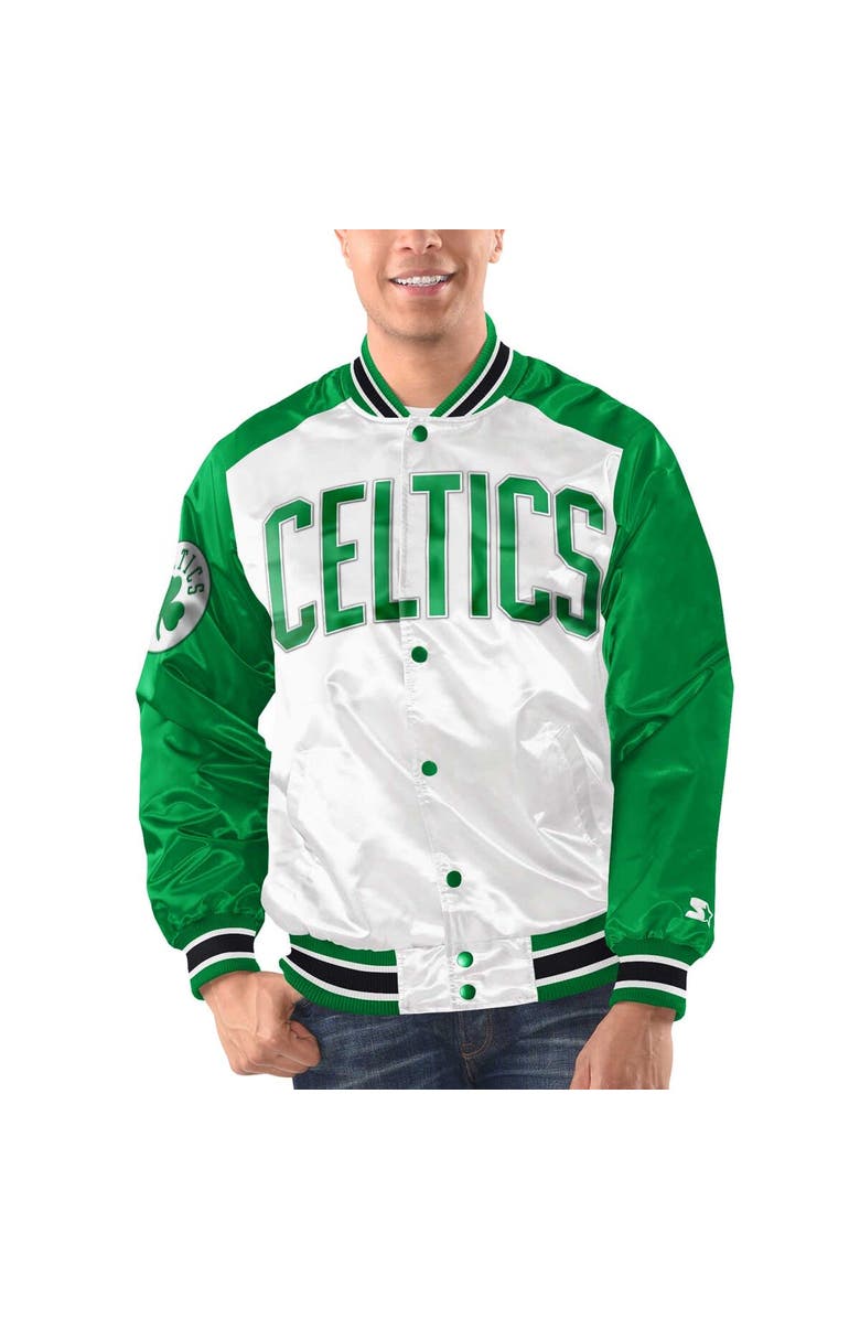 STARTER Men's Starter White/Kelly Green Boston Celtics Renegade Satin Full-Snap Varsity Jacket, Main, color, 