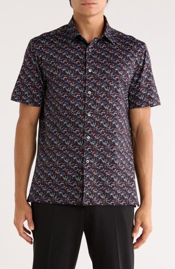 Bugatchi Milo Short Sleeve 8-way Stretch Ooohcotton® Button-up Shirt In Black