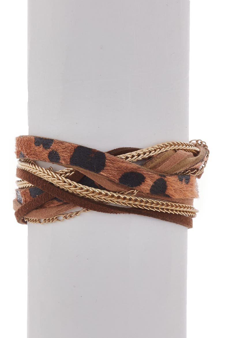 Multi-Layer Faux Hair Wrap Bracelet, Main, color, WORN GOLD / BROWN