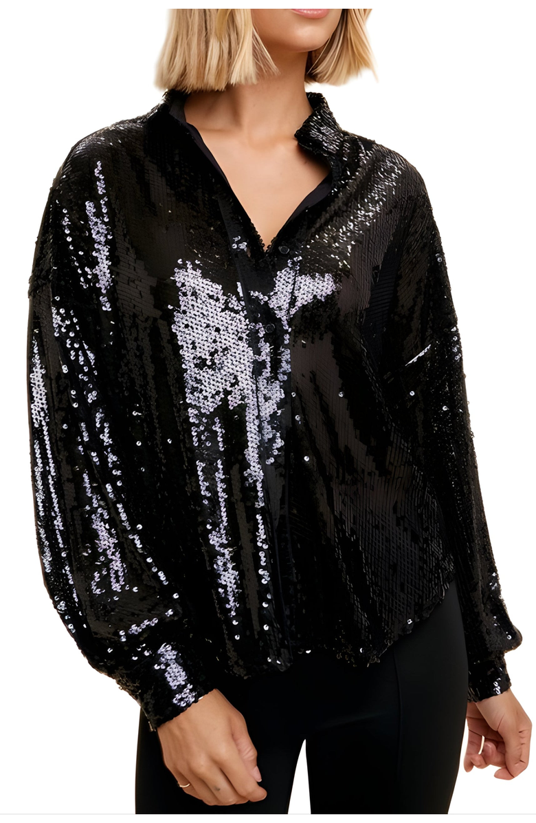 Knit and Lounge Long Sleeve Button-Down Sequin Shirt Collar Blouse, Alternate, color, 
