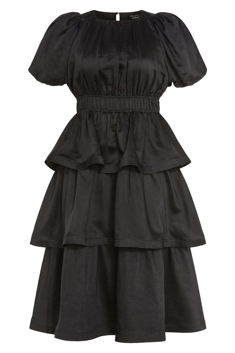 Heavenly Tiered Puff Sleeve Midi Dress, Alternate, color, BLACK