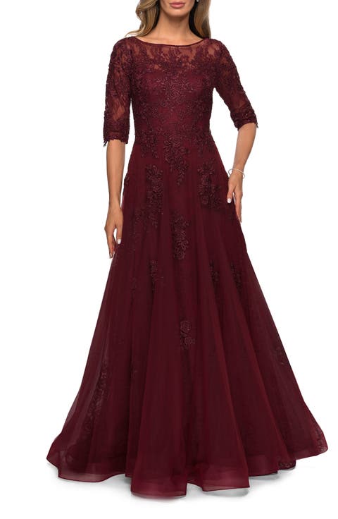 Lace and Tulle A-line Gown with Three Quarter Sleeves