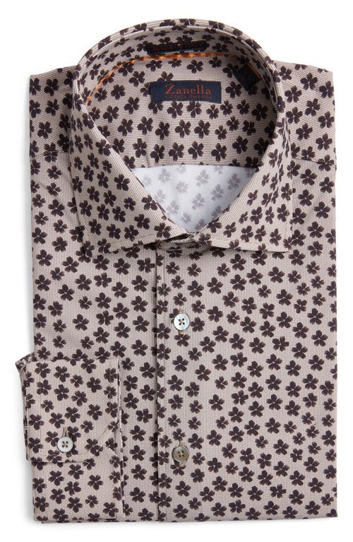 Zanella Flowers Floral Print Knit Nylon Blend Dress Shirt In Tan