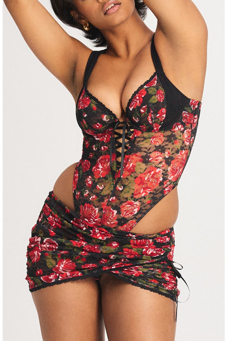 Sinful Rose Lace Teddy, Alternate, color, BLACK CAVIAR ROSY PASSIONS