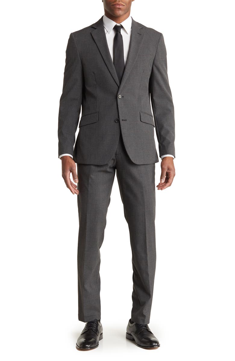SAVILE ROW CO Charcoal Grey Plaid Notched Lapel Suit, Main, color,
