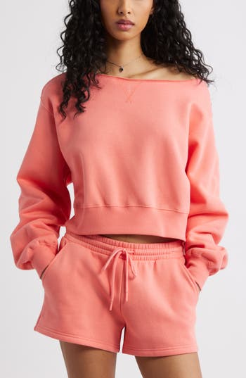 Bp. Fleece Detail Off The Shoulder Sweatshirt In Orange