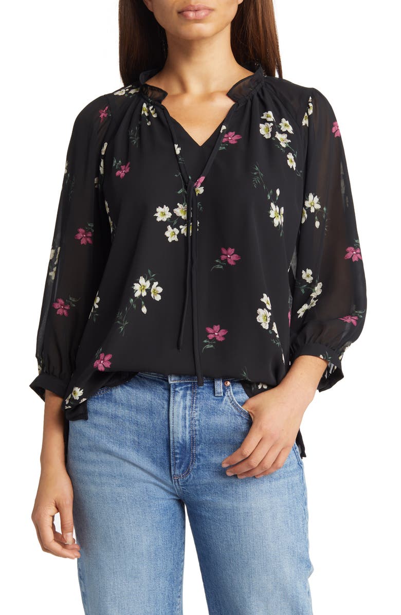 Vince Camuto Floral Split Neck Peasant Blouse, Main, color, 