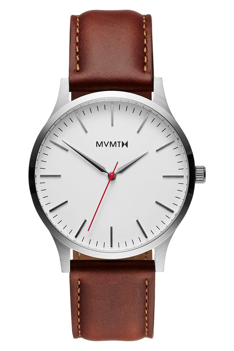 MVMT Leather Strap Watch, 40mm, Main, color, BROWN/ WHITE/ SILVER