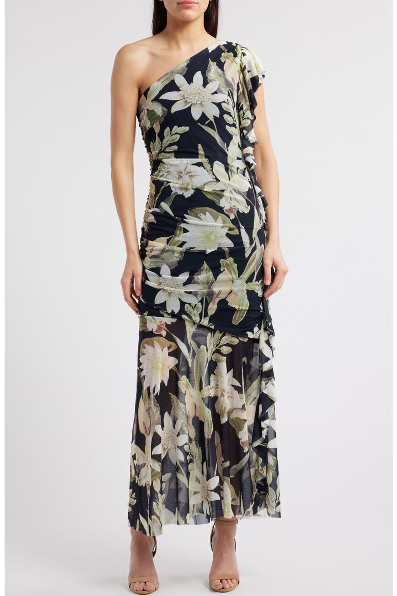 Drape Ruffle One-Shoulder Maxi Dress, Main, color, NAVY- GREEN ISLAND FLORAL