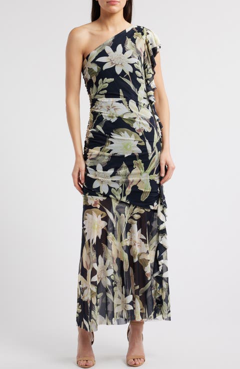 Drape Ruffle One-Shoulder Maxi Dress