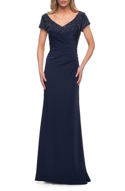 Crystal Detail Cap Sleeve Jersey Sheath Gown