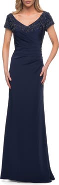 La Femme Crystal Detail Cap Sleeve Jersey Sheath Gown