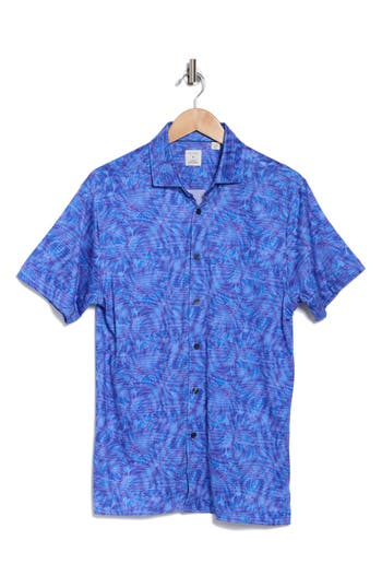 Construct Slim Fit Large Monstera 4-way Stretch Short Sleeve Button-up Shirt In Blue