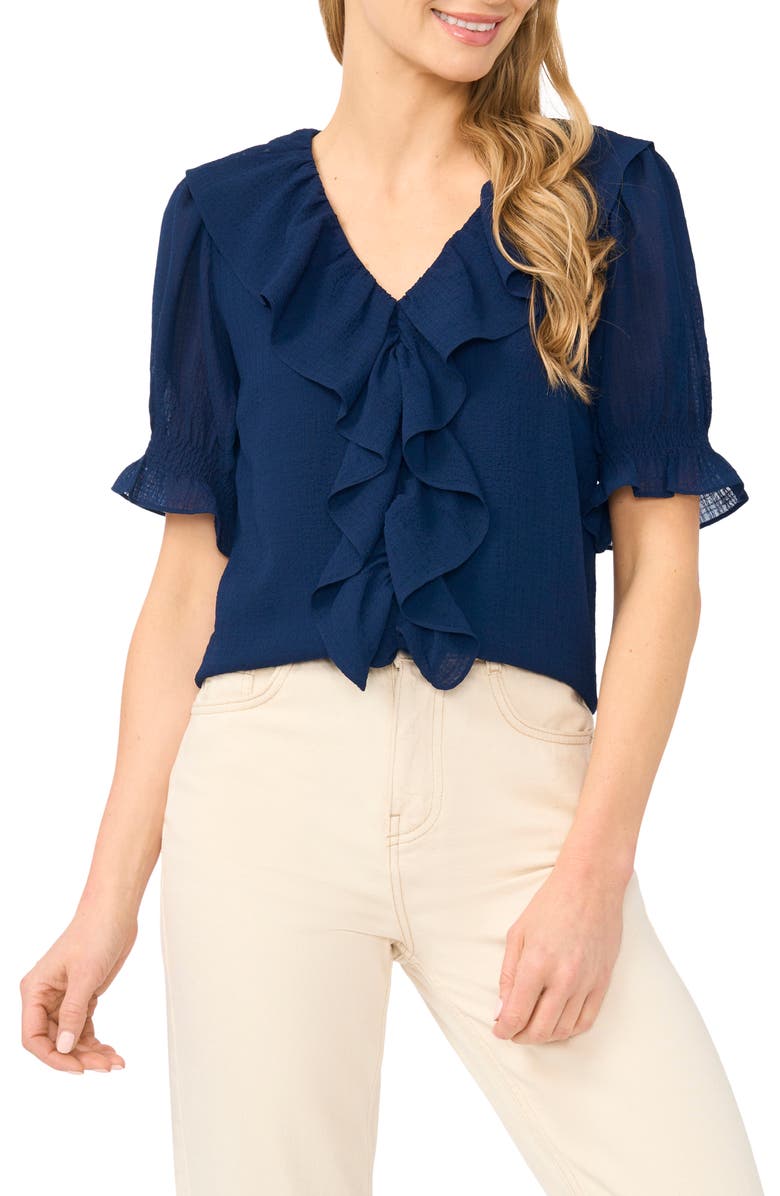 CeCe Ruffle Crepe Top, Main, color, Classic Navy