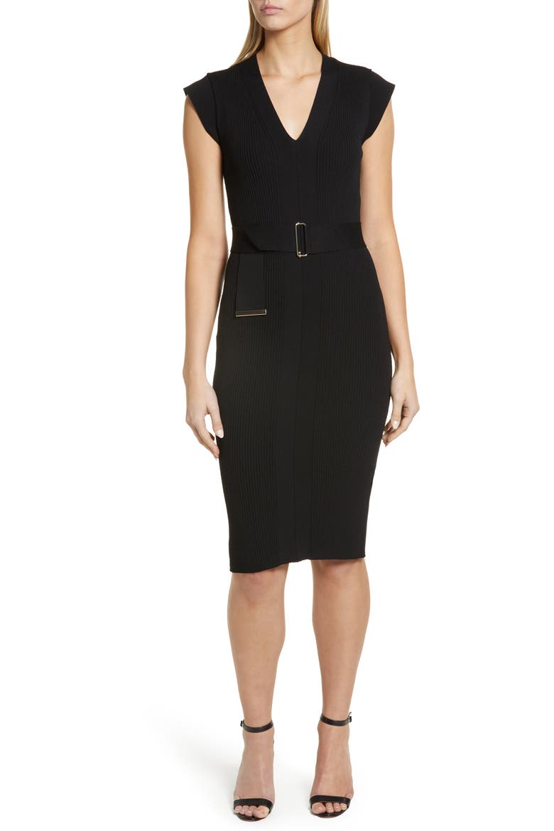 Belted Body-Con Sweater Dress, Main, color, BLACK