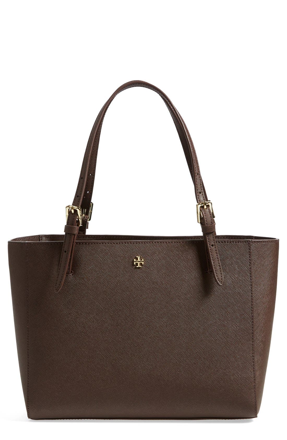 'Small York' Saffiano Leather Buckle Tote, Main, color, DARK WALNUT