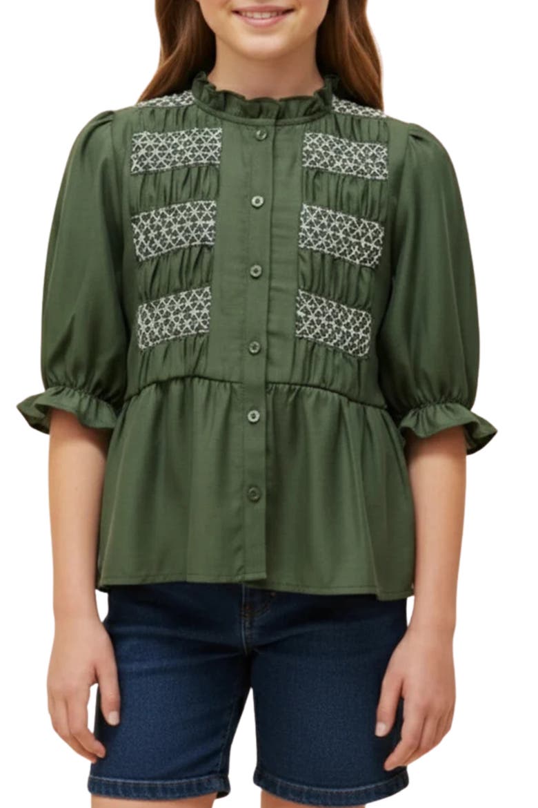 Kids' Ruffle Embroidered Button-Up Shirt, Main, color, OLIVE