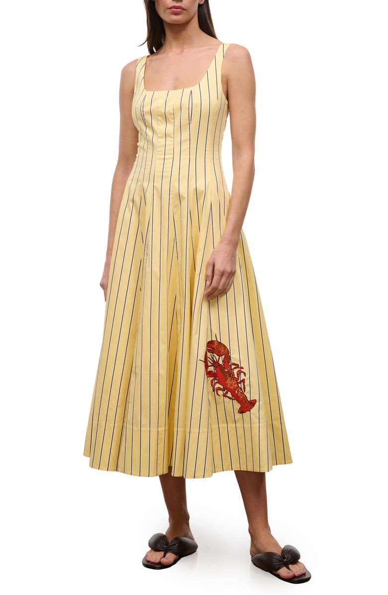 STAUD Wells Stripe Stretch Cotton Poplin Midi Dress, Main, color, Monday Stripe Lobster