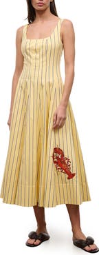 STAUD Wells Stripe Stretch Cotton Poplin Midi Dress