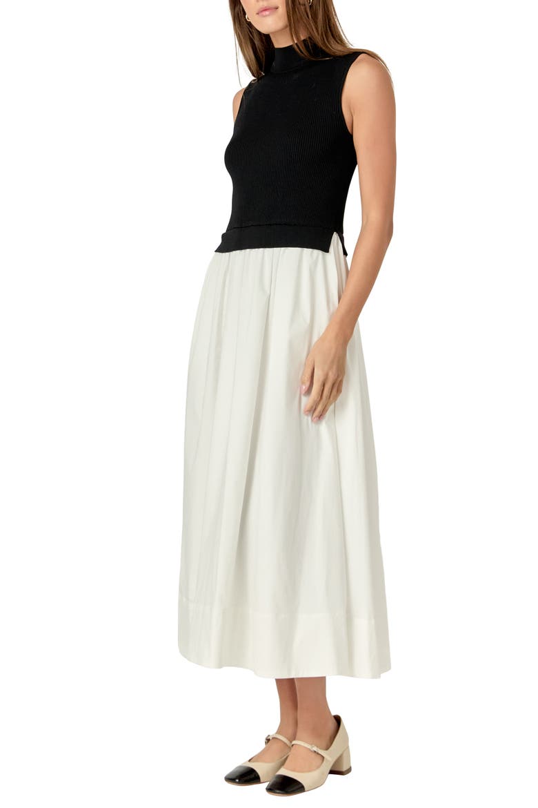 Mixed Media Colorblock Sleeveless Midi Dress, Alternate, color, BLACK/ WHITE