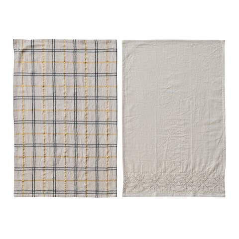 Woven Tea Towels with Metallic Thread Embroidery & Beads, Set of 2