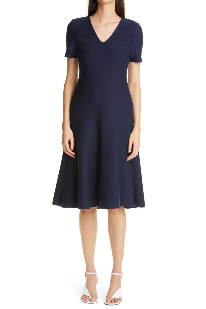 V-Neck Milano Knit Fit & Flare Dress, Main, color, NAVY