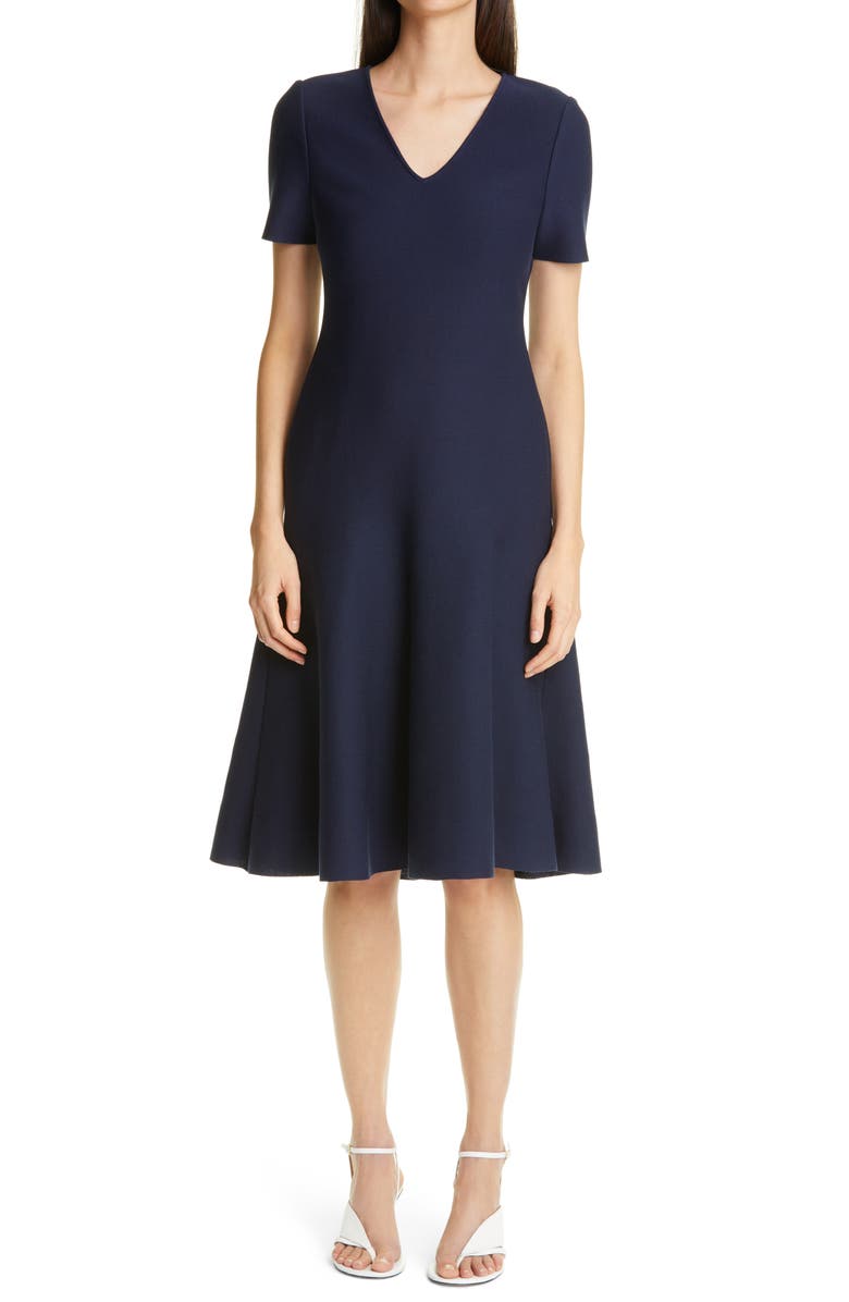 St. John Collection V-Neck Milano Knit Fit & Flare Dress, Main, color,