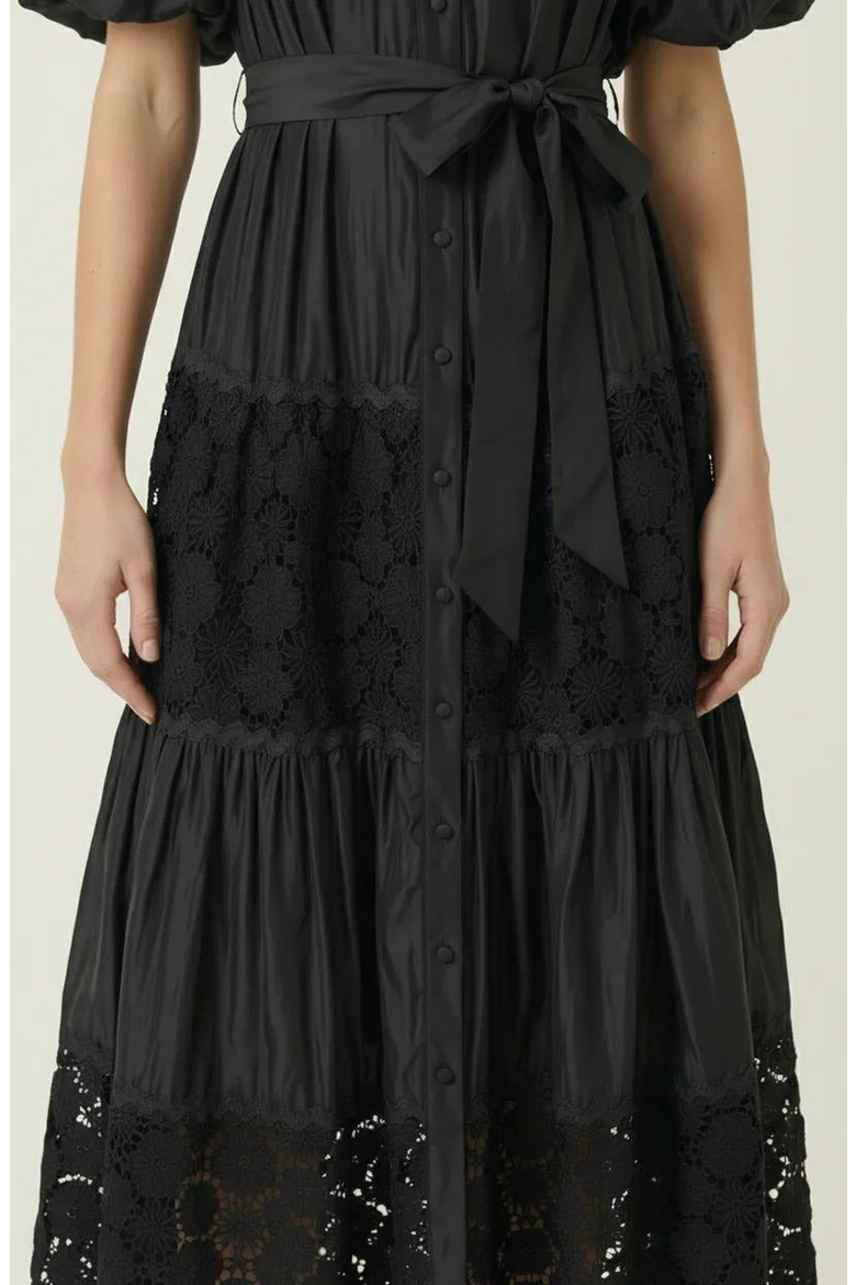 V-Neck Lace Paneling Midi Dress, Alternate, color, Black