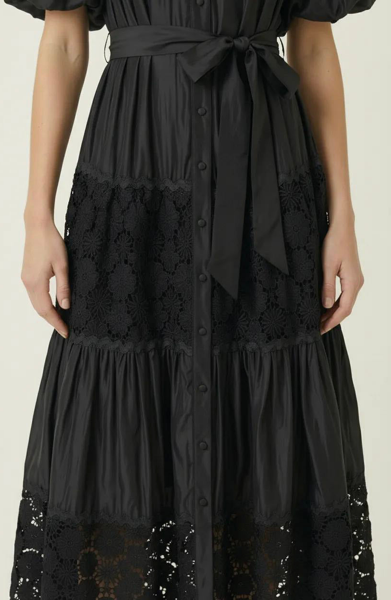 Modenaire V-Neck Lace Paneling Midi Dress, Alternate, color, Black