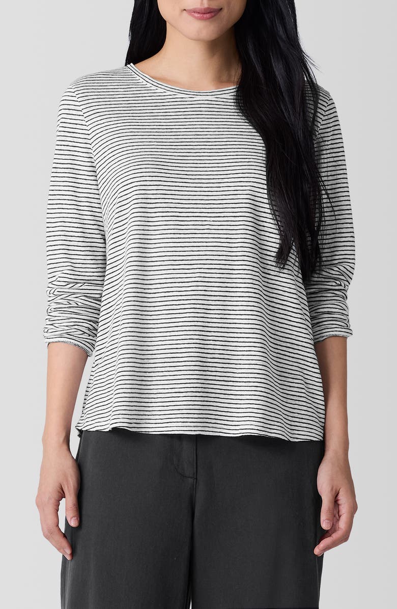 Eileen Fisher Stripe Organic Linen Long Sleeve T-Shirt, Main, color, White/ Black