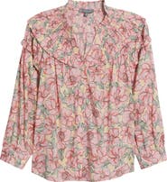 Wit & Wisdom Floral Print Smocked Yoke Button-Up Top