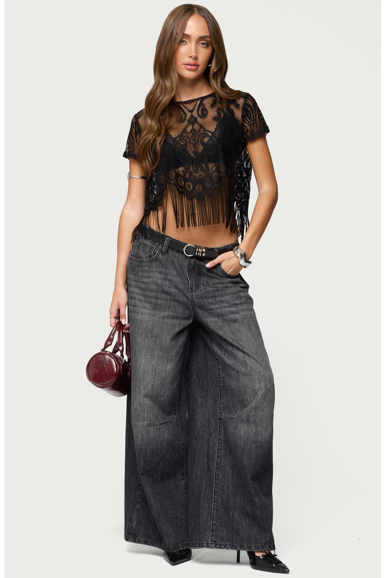 Kira Sheer Lace Fringe Trim Crop Top, Alternate, color, BLACK
