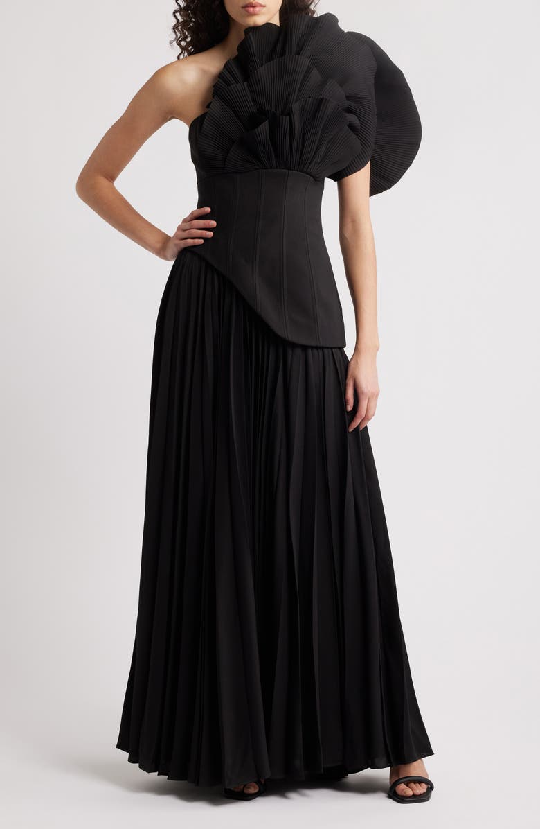 Acler Whittington Ruffle One-Shoulder Gown, Main, color, Black