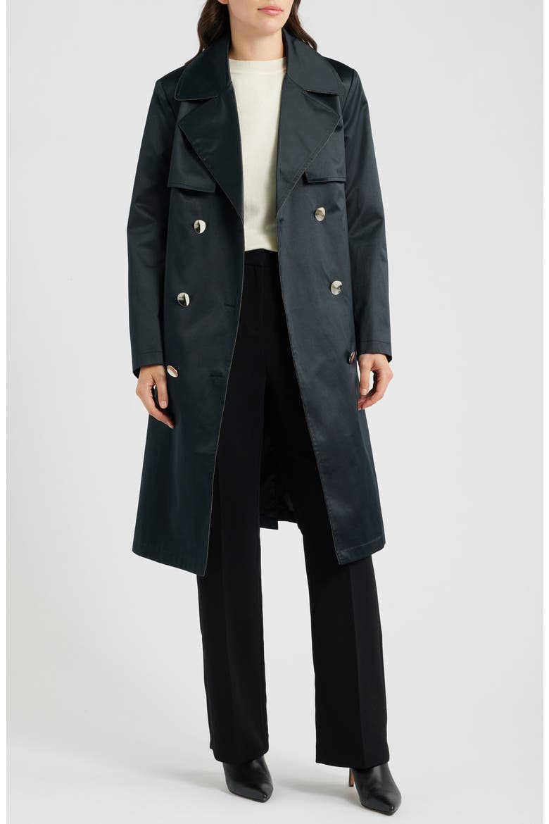 Double Breasted Satin Trench Coat, Alternate, color, BLACK