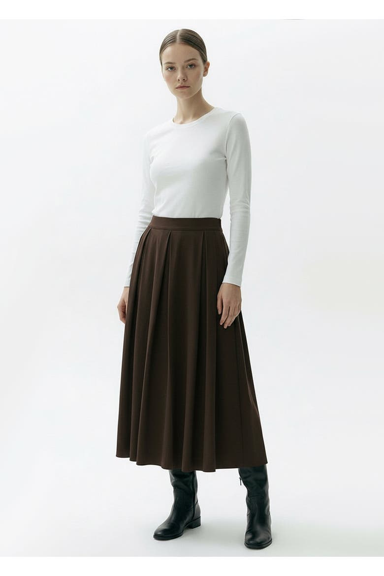 Jakayla Chic Pleated Midi Skirt, Alternate, color, BROWN