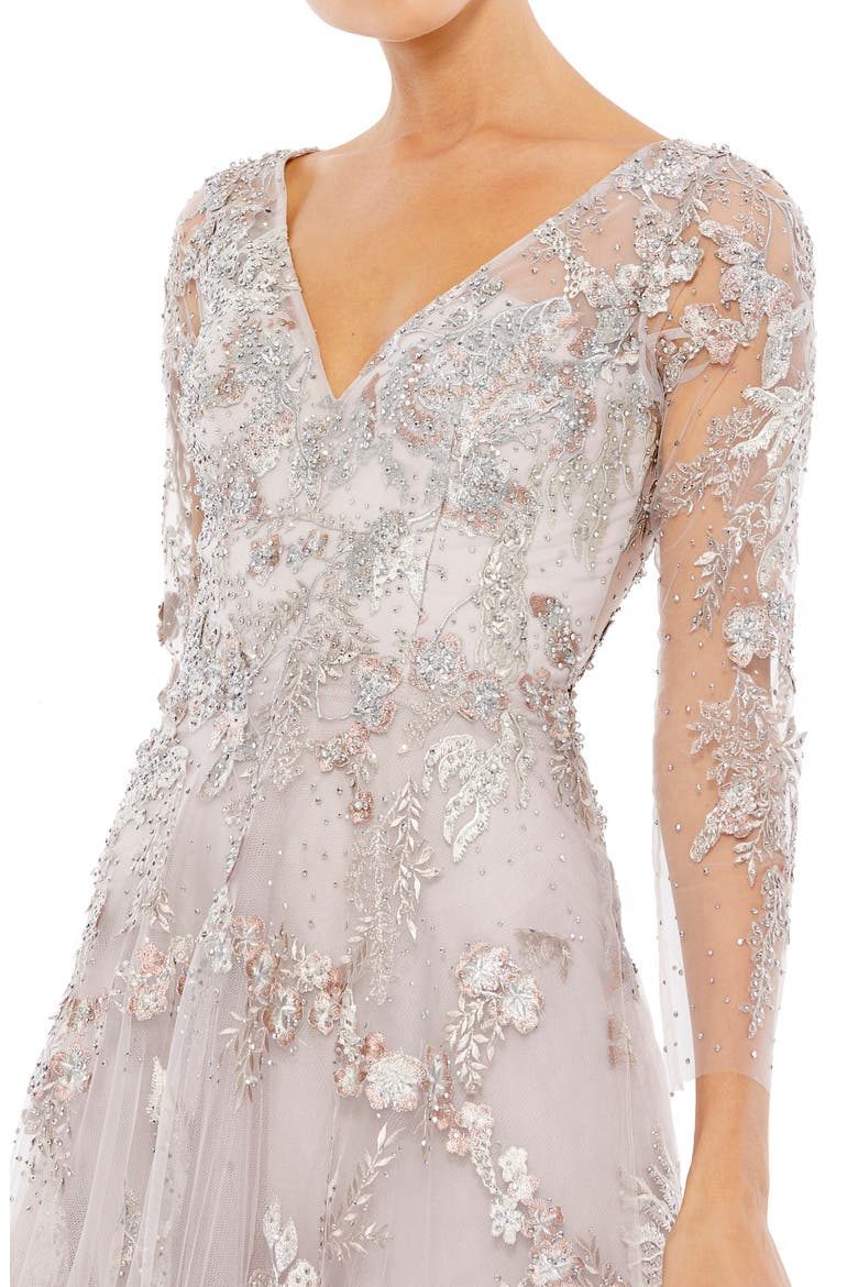 Appliqued Illusion Long Sleeve A Line Gown, Alternate, color, VINTAGE LILAC