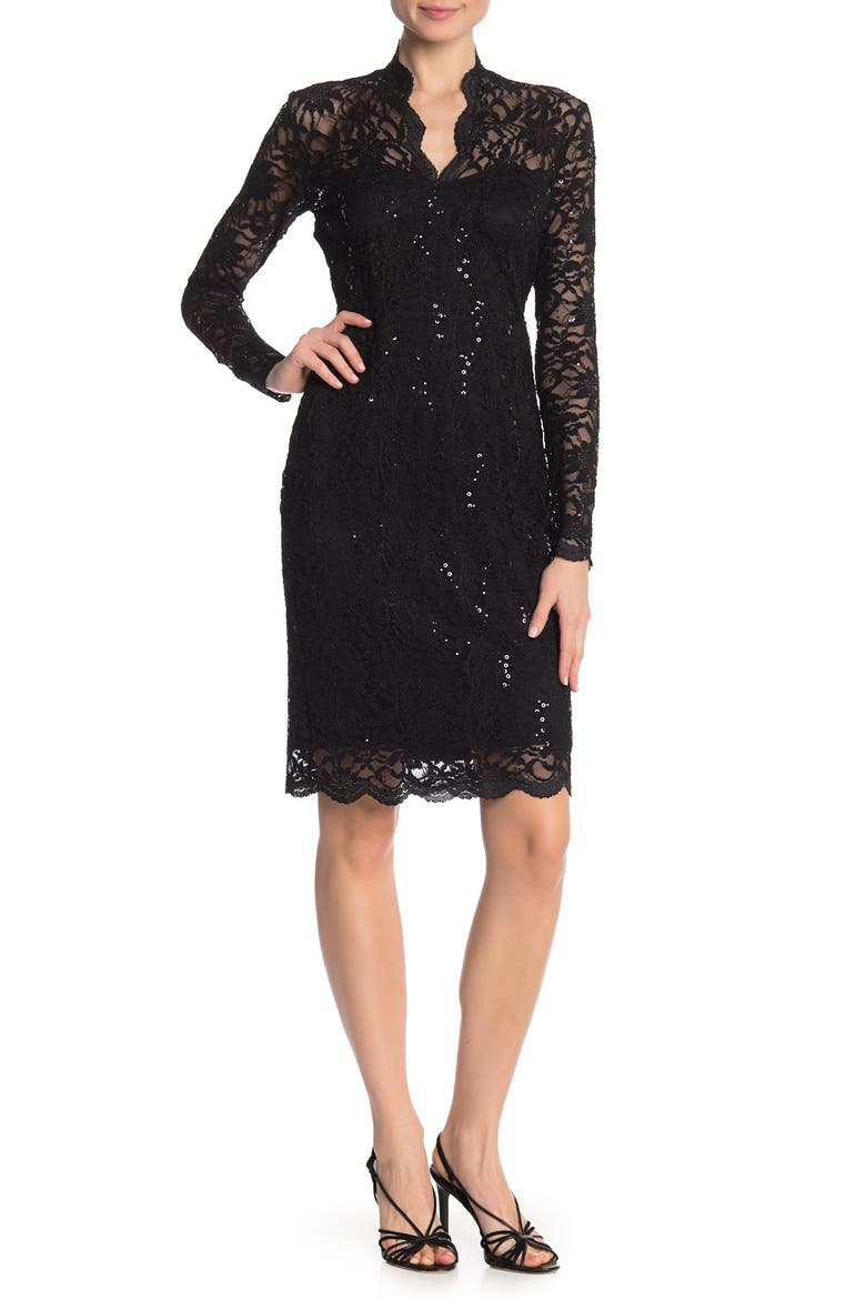 Scalloped Sequined Lace Sheath Dress, Main, color, BLK