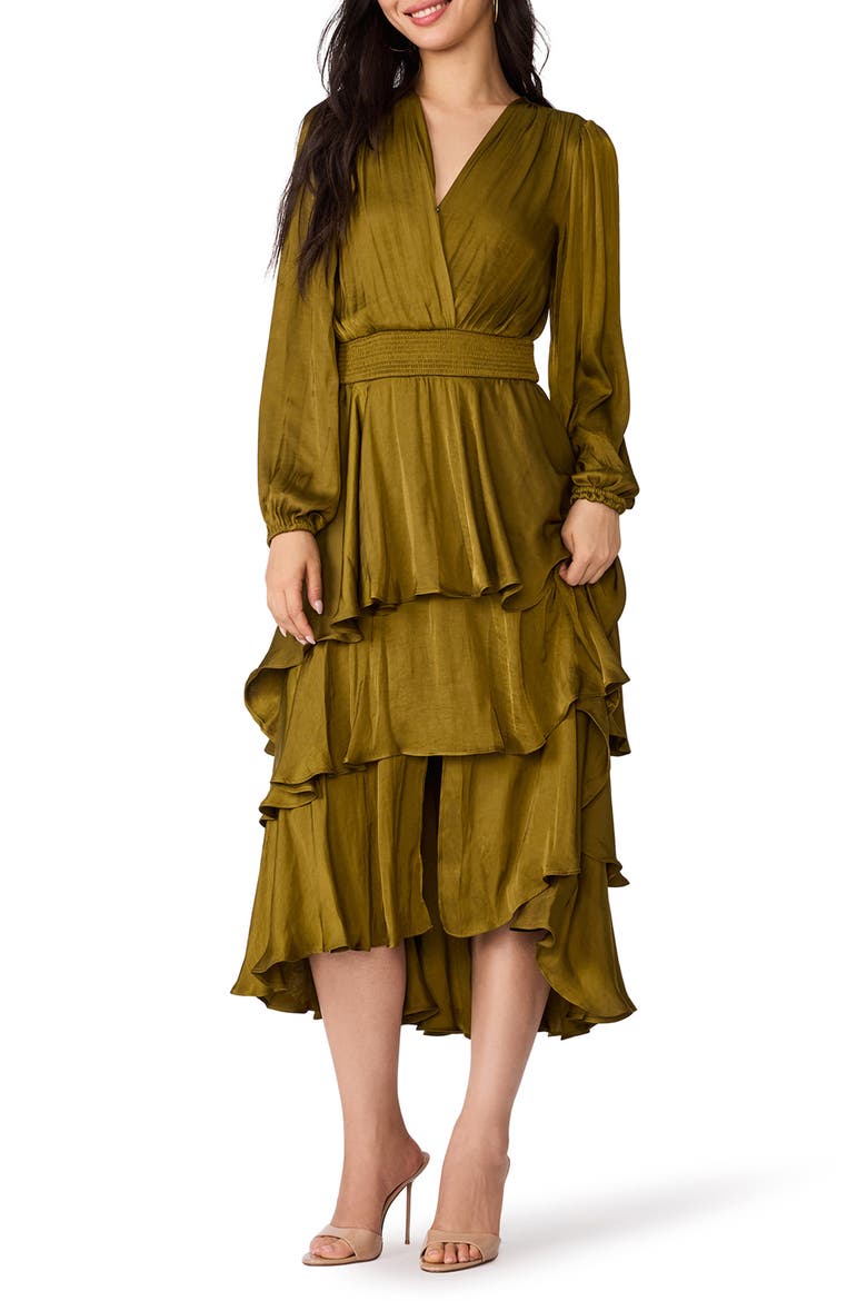 Bei Long Sleeve Tiered Satin Midi Dress, Main, color, FIR GREEN
