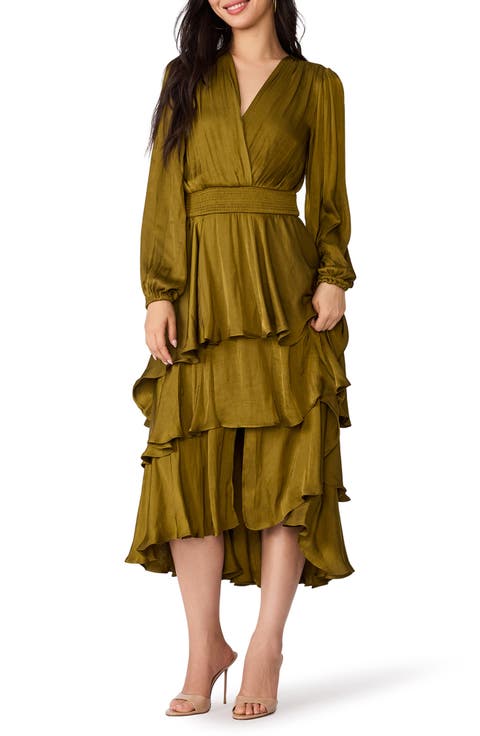 Bei Long Sleeve Tiered Satin Midi Dress