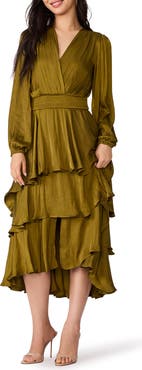 Steve Madden Bei Long Sleeve Tiered Satin Midi Dress