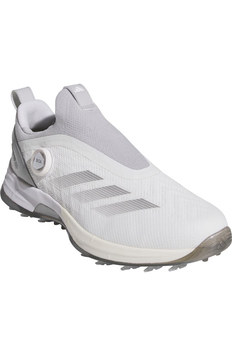 adidas Adizero ZG BOA<sup>®</sup> Waterproof Spikeless Golf Shoe, Main, color, White/ Silver Metallic