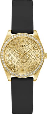 GUESS Boa Crystal Bezel Goldtone Silicone Strap Watch, 32mm