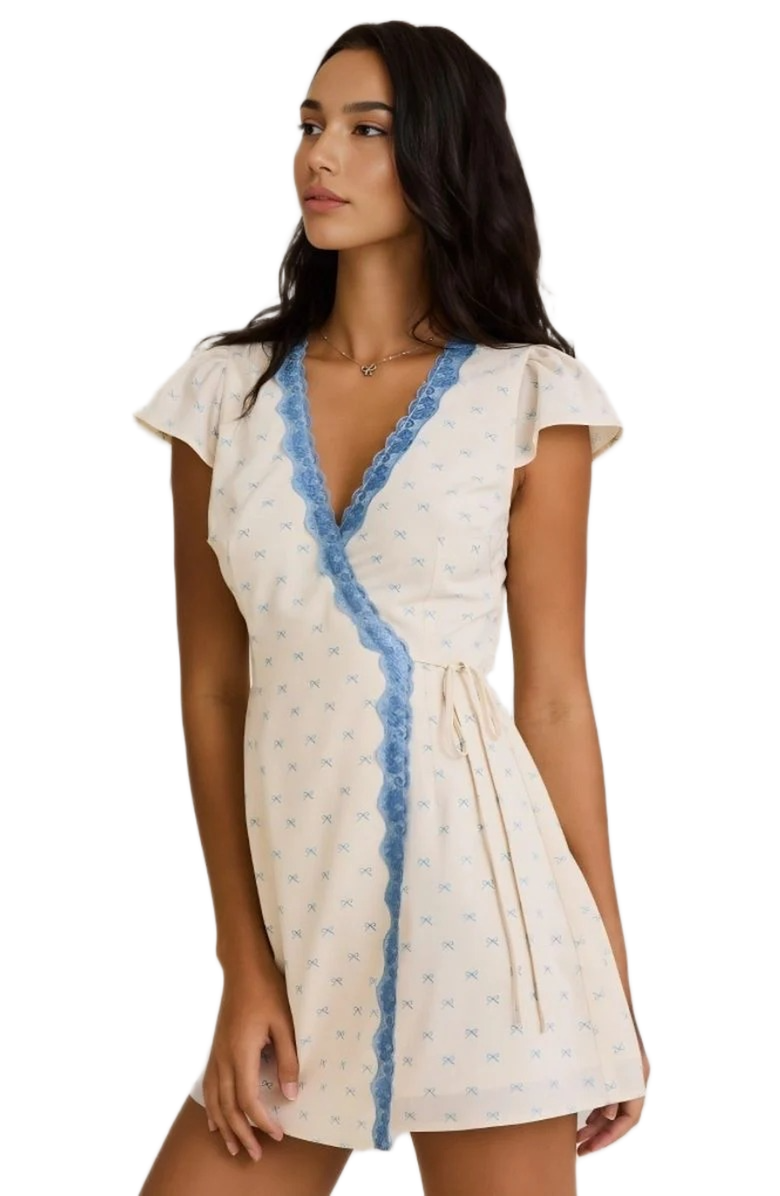 Knit and Lounge Wrap Lace Trim Flutter Sleeve Mini Dress, Alternate, color, Cream