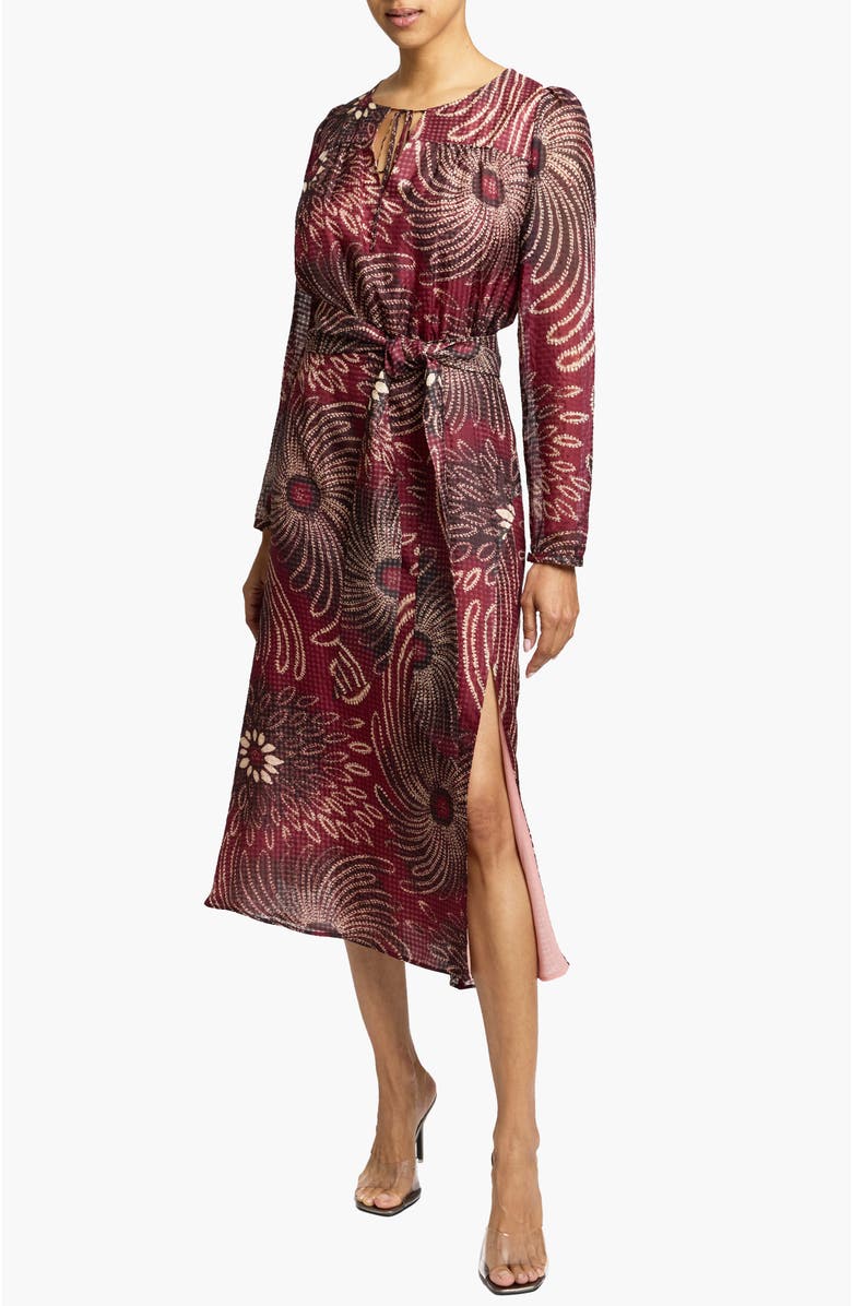 Santorelli Tessa Long Sleeve Midi Fit and Flare Dress in Gingham Floral Silk Print, Alternate, color, Cherry Cola
