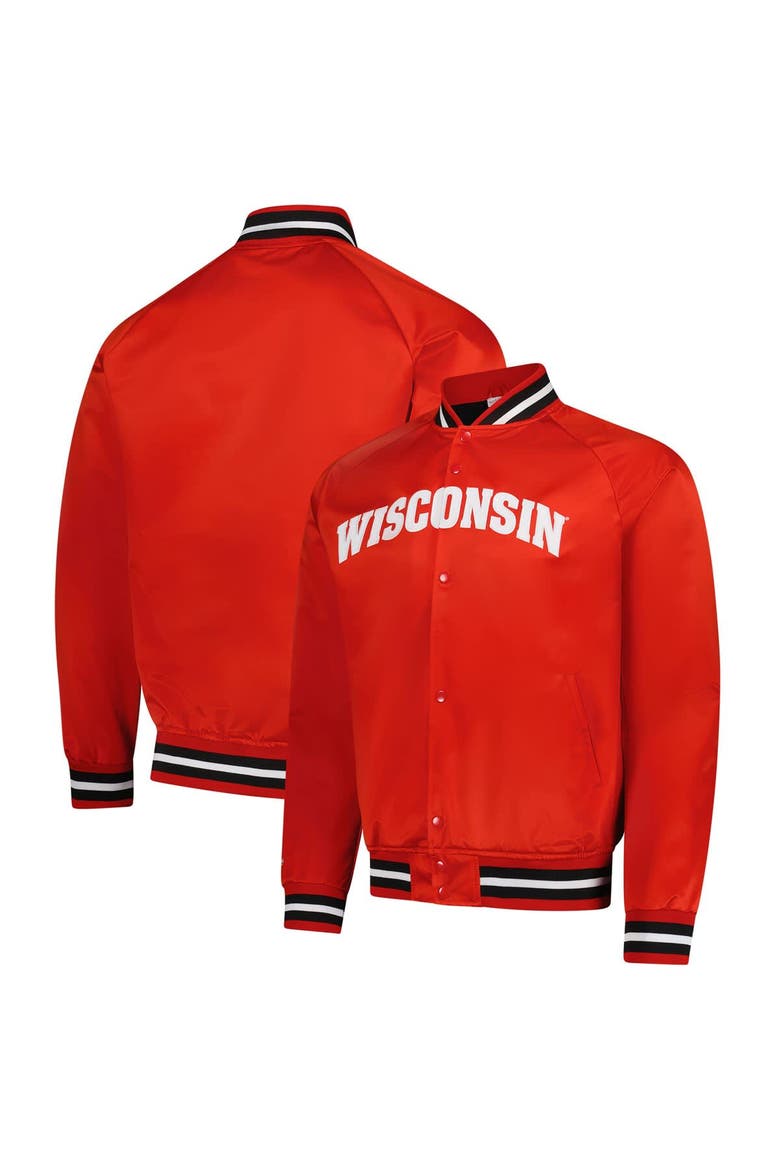 Men's Mitchell & Ness Red Wisconsin Badgers Lightweight Satin Raglan Full-Snap Jacket, Main, color, Red
