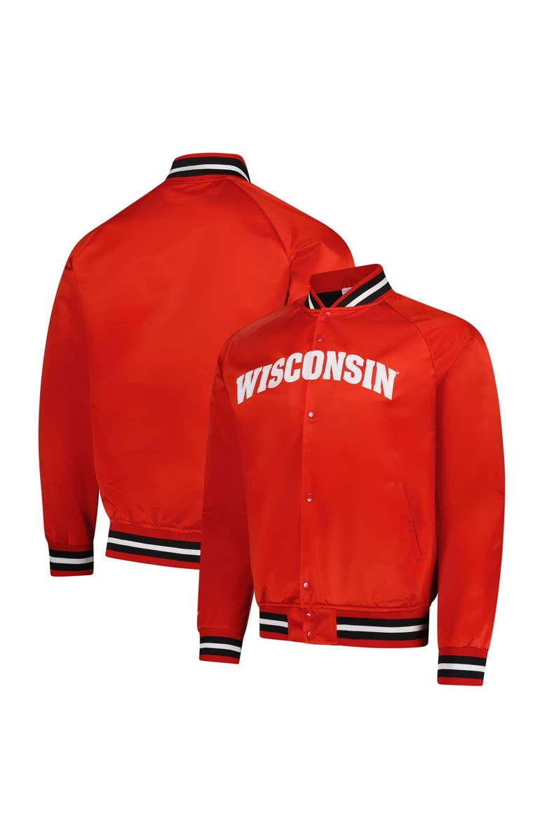 Mitchell 
Ness Men
s Mitchell 
Ness Red Wisconsin Badgers Lightweight Satin Raglan Full-Snap Jacket, Main, color, Red