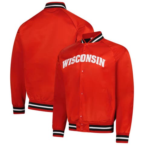 Men
s Mitchell 
Ness Red Wisconsin Badgers Lightweight Satin Raglan Full-Snap Jacket