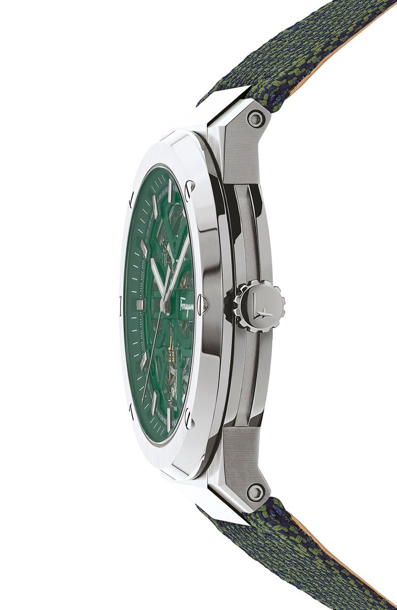 FERRAGAMO F-80 Skeleton Limited Edition Fabric Strap Watch, 41mm, Alternate, color,